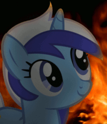 Size: 389x452 | Tagged: safe, derpibooru exclusive, edit, editor:skookz, minuette, pony, unicorn, g4, animated, female, fire, gif, loop, mare, smiling, solo, this is fine