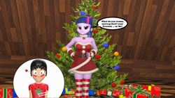 Size: 3840x2160 | Tagged: safe, artist:mr-wolfapex, twilight sparkle, oc, oc:josh olivo, equestria girls, g4, 3d, blood, blushing, breasts, busty twilight sparkle, canon x oc, christmas, clothes, cosplay, costume, cute, female, gmod, grin, high res, holiday, male, nosebleed, santa claus, shipping, smiling, socks, straight, striped socks, twijosh