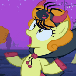 Size: 512x512 | Tagged: safe, screencap, carrot top, golden harvest, goldengrape, sir colton vines iii, earth pony, pony, spider, g4, luna eclipsed, season 2, animated, clothes, costume, cropped, devil costume, female, gif, halloween, halloween costume, literal hoof shoes, loop, mare, perfect loop, scared, solo