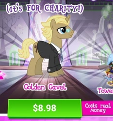 Size: 688x739 | Tagged: safe, gameloft, golden gavel, vance van vendington, pony, unicorn, g4, advertisement, costs real money, game screencap, meme, wow! glimmer