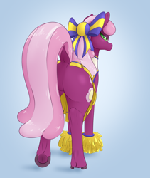 Size: 3200x3800 | Tagged: safe, artist:aquaticvibes, cheerilee, earth pony, pony, g4, blue background, bow, butt, cheerileeder, cheerleader, cheerleader outfit, clothes, female, flowerbutt, frog (hoof), high res, looking at you, looking back, looking back at you, mare, plot, pom pom, simple background, solo, underhoof