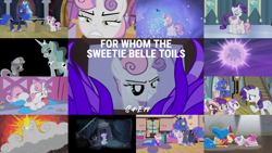 Size: 1986x1117 | Tagged: safe, edit, edited screencap, editor:quoterific, screencap, apple bloom, banana peel (g4), brown sugar, burnout (g4), mint flower, plum star, princess luna, rarity, scootaloo, sweetie belle, titania, for whom the sweetie belle toils, g4, collage, cutie mark crusaders, inverted colors, raricloud