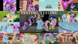 Size: 1986x1117 | Tagged: safe, edit, edited screencap, editor:quoterific, screencap, admiral fairy flight, angel bunny, apple bloom, applejack, colonel purple dart, commander easy glider, doctor whooves, fluttershy, goldengrape, opalescence, owlowiscious, pinkie pie, rainbow dash, rarity, scootaloo, sir colton vines iii, spike, sweetie belle, time turner, twilight sparkle, alicorn, pony, g4, season 4, testing testing 1-2-3, chalkboard, clothes, cosplay, costume, cutie mark crusaders, golden oaks library, i am not that tall, jacket, mane six, rapper pie, shylestia, sunglasses, twilight sparkle (alicorn)