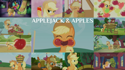 Size: 1968x1107 | Tagged: safe, edit, edited screencap, editor:quoterific, screencap, applejack, bloomberg, yona, earth pony, pony, yak, apple family reunion, applebuck season, bats!, feeling pinkie keen, g4, over a barrel, secrets and pies, she's all yak, simple ways, swarm of the century, the super speedy cider squeezy 6000, yakity-sax, apple, apple tree, female, food, mare, party cave, that pony sure does love apples, tree