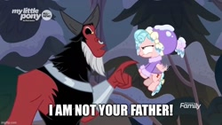 Size: 800x450 | Tagged: safe, edit, edited screencap, screencap, cozy glow, lord tirek, centaur, pegasus, pony, frenemies (episode), g4, caption, clothes, cozy glow is not amused, daddy tirek, discovery family logo, duo, female, filly, foal, hat, image macro, male, night, nose piercing, nose ring, piercing, pointing, septum piercing, text, tree, winter outfit