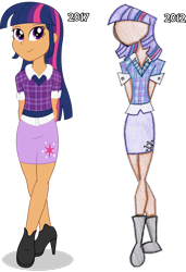 Size: 2024x2963 | Tagged: safe, artist:sugar-loop, twilight sparkle, human, equestria girls, g4, clothes, collar, cutie mark, cutie mark on clothes, dark skin, equestria girls style, female, high heels, high res, humanized, looking at you, pencil skirt, plaid shirt, shirt, shoes, simple background, skirt, smiling at you, solo, sweater vest, then and now, transparent background, vector