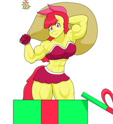 Size: 2048x2237 | Tagged: safe, artist:matchstickman, apple bloom, earth pony, anthro, matchstickman's apple brawn series, tumblr:where the apple blossoms, g4, abs, apple bloom's bow, apple brawn, arm behind head, armpits, biceps, bow, breasts, busty apple bloom, christmas, clothes, costume, deltoids, female, gloves, hair bow, hearth's warming, hearth's warming eve, high res, holiday, looking at you, mare, midriff, mistleholly, muscles, muscular female, needs more saturation, older, older apple bloom, pecs, present, santa costume, santa sack, simple background, skirt, solo, strapless, thighs, thunder thighs, triceps, tumblr comic, white background