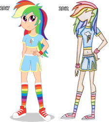 Size: 2320x2584 | Tagged: safe, artist:sugar-loop, rainbow dash, human, equestria girls, g4, athletic, belly, belly button, caucasian skin, clothes, converse, cutie mark, cutie mark on clothes, equestria girls style, fit, high res, humanized, looking at you, midriff, rainbow socks, shoes, short shirt, shorts, simple background, slender, smiling at you, sneakers, socks, solo, striped socks, then and now, thin, transparent background, vector