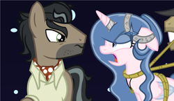 Size: 1920x1120 | Tagged: safe, artist:lominicinfinity, doctor caballeron, oc, oc:sparkdust knight, alicorn, earth pony, pony, g4, ascot tie, clothes, female, male, mare, rope, shirt, stallion