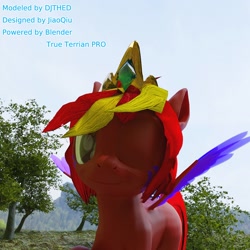 Size: 1080x1080 | Tagged: safe, oc, oc:jiaoqiu, pegasus, pony, 3d, 3d model, blender, blender cycles, ground, hill, male, smiling, tree
