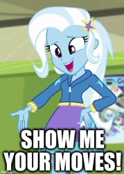 Size: 500x699 | Tagged: safe, edit, edited screencap, screencap, trixie, equestria girls, equestria girls specials, g4, my little pony equestria girls: better together, my little pony equestria girls: forgotten friendship, bronybait, captain falcon, caption, f-zero, female, hand on hip, image macro, imgflip, solo, text