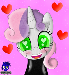 Size: 3840x4154 | Tagged: safe, alternate version, artist:damlanil, sweetie belle, pony, robot, robot pony, unicorn, g4, blushing, catsuit, clothes, cute, diasweetes, female, filly, floating heart, glowing eyes, happy, heart, heart eyes, horn, latex, latex suit, looking at you, mare, open mouth, pink background, roboticization, rubber, shine, shiny, simple background, smiling, spy, suit, sweetie bot, vector, weapons-grade cute, wingding eyes