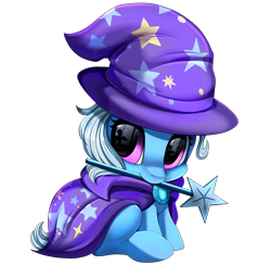 Size: 3480x3398 | Tagged: safe, artist:pridark, trixie, pony, unicorn, g4, cape, chibi, clothes, cute, diatrixes, eye reflection, female, hat, high res, implied twilight sparkle, magic wand, mouth hold, reflection, simple background, sitting, smol, solo, transparent background, trixie's cape, trixie's hat