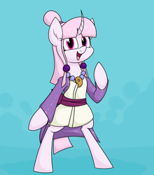 Size: 1688x1919 | Tagged: safe, artist:moonatik, oc, oc:sakuragi-san, pony, unicorn, semi-anthro, abstract background, ace attorney, alternate hairstyle, arm hooves, clothes, cosplay, costume, curved horn, female, horn, jewelry, kimono (clothing), mare, maya fey, necklace, pearl, pearl necklace, raised hoof, secret santa