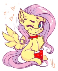 Size: 986x1200 | Tagged: safe, artist:falafeljake, fluttershy, pegasus, pony, g4, bell, bell collar, clothes, collar, cute, heart, one eye closed, shyabetes, socks, solo, spread wings, wings, wink