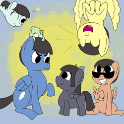 Size: 2500x2500 | Tagged: safe, artist:colorcodetheartist, derpibooru exclusive, pegasus, pony, unicorn, abstract background, blind, colored sketch, crossover, family, group photo, high res, jyushimatsu, karamatsu, magical gay spawn, offspring, osomatsu-san, ponified, ponified oc, product of incest, scar, sunglasses, upside down