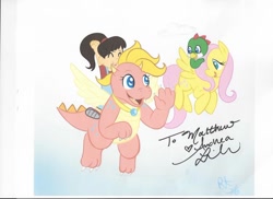 Size: 1024x745 | Tagged: safe, artist:therainbowtroll, fluttershy, dragon, g4, cassie (dragon tales), crossover, cute, dragon tales, dragoness, emmy (dragon tales), female, mare, shyabetes, signature