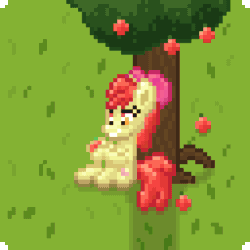 Size: 384x384 | Tagged: safe, artist:nitobit, derpibooru exclusive, apple bloom, earth pony, pony, g4, animated, apple, apple tree, bow, eating, eyes closed, female, filly, food, gif, herbivore, holding, pixel art, sitting, smiling, solo, tree