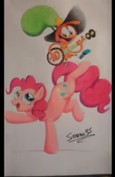 Size: 461x707 | Tagged: source needed, safe, artist:stratus35, pinkie pie, earth pony, pony, g4, banjo, crossover, duo, female, hammerspace tail, male, mare, musical instrument, simple background, standing, standing on one leg, sweet dreams fuel, wander (wander over yonder), wander over yonder, white background