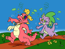 Size: 1280x961 | Tagged: safe, artist:dodgyrommer, spike, g4, cassie (dragon tales), colored, commissioner:foxlover91, crossover, dragon tales, drunk, drunker spike, swirly eyes, tongue out