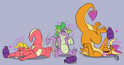 Size: 2224x1166 | Tagged: safe, artist:dodgyrommer, smolder, spike, dragon, g4, butt, cassie (dragon tales), commissioner:foxlover91, crossover, dragon tales, dragoness, drunk, drunker smolder, drunker spike, female, male, purple background, simple background, tongue out, trio, winged spike, wings