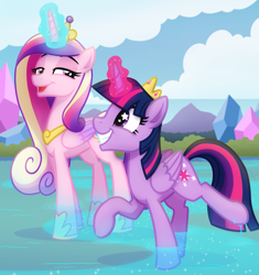 Size: 1733x1841 | Tagged: safe, artist:whitequartztheartist, princess cadance, twilight sparkle, alicorn, pony, g4, duo, magic, sisters-in-law, starry eyes, twilight sparkle (alicorn), water, wingding eyes
