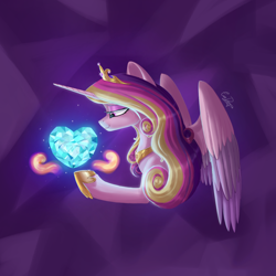 Size: 2000x2000 | Tagged: safe, artist:evedizzy26, princess cadance, alicorn, pony, g4, abstract background, colored wings, crystal heart, cutie mark, female, high res, lidded eyes, mare, multicolored wings, side view, smiling, solo, spread wings, wings