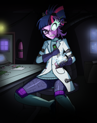 Size: 2856x3600 | Tagged: safe, artist:artemis-polara, sci-twi, twilight sparkle, equestria girls, g4, mad twience, my little pony equestria girls: summertime shorts, angry, clothes, commission, glasses, gritted teeth, high res, lab coat, laboratory, mad scientist, midnight sparkle, pants, rage, solo, sparks, transformation