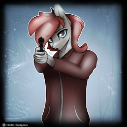 Size: 2000x2000 | Tagged: safe, artist:endelthepegasus, oc, anthro, anthro oc, clothes, gun, handgun, high res, left 4 dead, looking at you, pistol, weapon