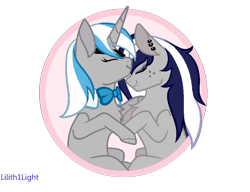 Size: 824x632 | Tagged: safe, artist:jelisicli, oc, oc:sekr gray, oc:starlit nightcast, pony, unicorn, bowtie, commission, couple, ear piercing, earring, eyepatch, forehead kiss, freckles, jewelry, kissing, piercing, sekrast, shipping, signature, simple background, snaggletooth, transparent background, ych result