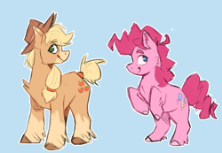 Size: 2939x2033 | Tagged: safe, artist:civetcider, applejack, pinkie pie, earth pony, pony, g4, blue background, cheek fluff, chest fluff, coat markings, colored hooves, cowboy hat, duo, ear fluff, female, hat, high res, mare, no pupils, simple background, socks (coat markings), unshorn fetlocks