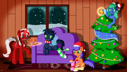 Size: 1280x731 | Tagged: safe, artist:appleneedle, oc, oc only, oc:ace jetstream, oc:fire light, oc:razgriz mirage, oc:reed, changeling, earth pony, original species, pony, snake, snake pony, unicorn, christmas, christmas changeling, cottage, couch, decoration, gingerbread (food), holiday, snow, stars, tree, window, wood
