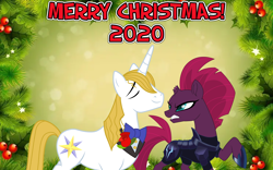Size: 2064x1289 | Tagged: safe, anonymous artist, prince blueblood, tempest shadow, pony, unicorn, g4, annoyed, armor, arrogant, belligerent sexual tension, berryblood, bowtie, christmas, crack shipping, death stare, female, happy hearth's warming, hearth's warming, holiday, lyrics in the description, male, merry christmas, santa claus is comin' to town, shipping, smug, straight, tempest shadow is not amused, this will end in electrocution, this will end in pain, this will not end well, tsundere, tsundere shadow, uh oh, unamused, youtube link in the description