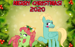Size: 2064x1289 | Tagged: safe, anonymous artist, tree hugger, zephyr breeze, earth pony, pegasus, pony, g4, cheek kiss, christmas, female, flower, flower in hair, happy hearth's warming, hearth's warming, holiday, holly, kiss mark, kissing, lipstick, looking at each other, lyrics in the description, male, merry christmas, shipping, smiling, straight, white christmas, youtube link, youtube link in the description, zephyrhugger