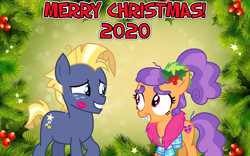 Size: 2064x1289 | Tagged: safe, anonymous artist, plaid stripes, star tracker, earth pony, pony, g4, cheek kiss, christmas, female, flower, flower in hair, happy hearth's warming, hearth's warming, holiday, holly, kiss mark, kissing, lipstick, looking at each other, lyrics in the description, male, merry christmas, shipping, shy, sleigh ride, smiling, starstripes, straight, teenager, youtube link, youtube link in the description
