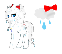 Size: 548x474 | Tagged: dead source, safe, artist:riariirii2, oc, oc only, oc:rain drop, pony, unicorn, base used, bow, cloud, eyelashes, female, hair bow, horn, jewelry, mare, necklace, rain, reference sheet, simple background, solo, transparent background, unicorn oc