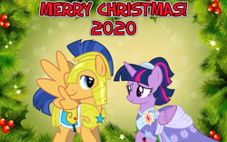 Size: 2064x1289 | Tagged: safe, anonymous artist, flash sentry, twilight sparkle, alicorn, pony, g4, the last problem, armor, christmas, clothes, coronation dress, dress, female, happy hearth's warming, have yourself a merry little christmas, hearth's warming, holiday, hope, looking at each other, lyrics in the description, male, merry christmas, royal guard armor, second coronation dress, ship:flashlight, shipping, smiling, straight, twilight sparkle (alicorn), youtube link, youtube link in the description