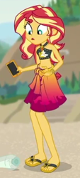 Size: 200x444 | Tagged: safe, screencap, sunset shimmer, equestria girls, equestria girls series, g4, x marks the spot, :o, bare shoulders, beach shorts swimsuit, belly button, bikini, bikini top, clothes, cropped, feet, geode of empathy, huh, jewelry, looking down, magical geodes, message in a bottle, midriff, open mouth, phone, sandals, sarong, sleeveless, solo, sunset shimmer's beach shorts swimsuit, swimsuit, toes