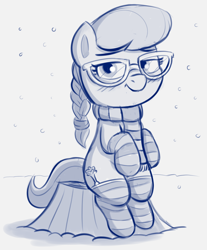 Size: 900x1086 | Tagged: safe, artist:heretichesh, silver spoon, earth pony, pony, g4, clothes, female, filly, glasses, scarf, sitting, snow, snowfall, socks, solo, striped socks, tree stump