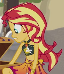 Size: 576x671 | Tagged: safe, screencap, sunset shimmer, equestria girls, g4, my little pony equestria girls: better together, x marks the spot, belly button, bikini, bikini top, clothes, cropped, geode of empathy, jewelry, kneeling, magical geodes, midriff, necklace, reaching, sarong, skirt, sleeveless, solo, sunset shimmer swimsuit, swimsuit, treasure chest, wrist cuff