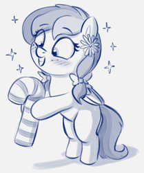 Size: 656x784 | Tagged: safe, artist:heretichesh, oc, oc only, pony, bipedal, blushing, bow, candy, candy cane, excited, female, filly, flower, flower in hair, food, giant candy, hair bow, solo