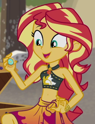 Size: 524x681 | Tagged: safe, screencap, sunset shimmer, equestria girls, equestria girls series, g4, x marks the spot, bare shoulders, belly button, bikini, bikini top, bracelet, clothes, cropped, cute, decoder ring, geode of empathy, jewelry, magical geodes, midriff, sarong, shimmerbetes, sleeveless, smiling, swimsuit, treasure chest