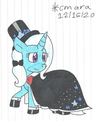 Size: 931x1098 | Tagged: safe, artist:cmara, trixie, pony, unicorn, g4, bowtie, cape, clothes, dignified wear, dress, female, gala dress, hat, hoof shoes, mare, raised hoof, simple background, solo, top hat, traditional art, white background