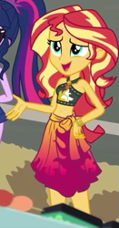 Size: 299x571 | Tagged: safe, screencap, sci-twi, sunset shimmer, twilight sparkle, equestria girls, g4, my little pony equestria girls: better together, x marks the spot, belly button, clothes, cropped, geode of empathy, magical geodes, offscreen character, sarong, sleeveless, swimsuit