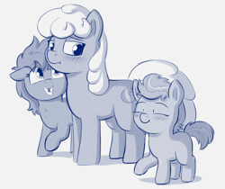 Size: 2016x1692 | Tagged: safe, artist:heretichesh, oc, oc:alabaster, oc:augusta, oc:stir crazy, earth pony, pony, unicorn, blushing, colt, female, group, happy, male, mare, small mare, sort of family, stallion, tooth gap