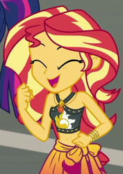 Size: 454x643 | Tagged: safe, screencap, sci-twi, sunset shimmer, twilight sparkle, equestria girls, g4, my little pony equestria girls: better together, x marks the spot, ^^, belly button, bikini, bikini top, clothes, cropped, eyes closed, fist pump, geode of empathy, jewelry, magical geodes, midriff, nailed it, necklace, offscreen character, open mouth, open smile, sarong, sleeveless, smiling, sunset shimmer swimsuit, swimsuit, wrist cuff, yes