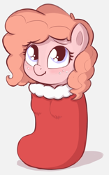 Size: 698x1122 | Tagged: safe, artist:heretichesh, oc, oc:peachy keen, ambiguous race, pony, blushing, christmas, christmas stocking, cute, female, happy, holiday, pony in a stocking, solo