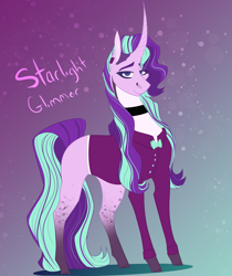 Size: 1679x2000 | Tagged: safe, artist:inisealga, starlight glimmer, pony, unicorn, g4, choker, curved horn, female, gradient background, headmare starlight, horn, looking at you, mare, older, older starlight glimmer, redesign, simple background, smiling, smiling at you, solo