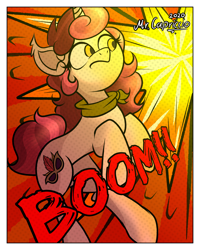 Size: 3000x3750 | Tagged: safe, artist:mrcapriccio, oc, oc only, oc:dolce spiaro, pony, unicorn, abstract background, action pose, comic, explosion, female, high res, looking back, scared, solo, spy, surprised, worried