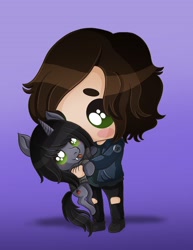 Size: 2550x3300 | Tagged: safe, artist:itsgisellepr, human, pony, unicorn, chibi, clothes, commission, disguise, disguised siren, duo, duo male, fangs, gradient background, high res, holding a pony, horn, jacket, jeans, kellin quinn, light skin, male, pants, ponified, ripped jeans, ripped pants, shirt, sleeping with sirens, t-shirt, tongue out, torn clothes